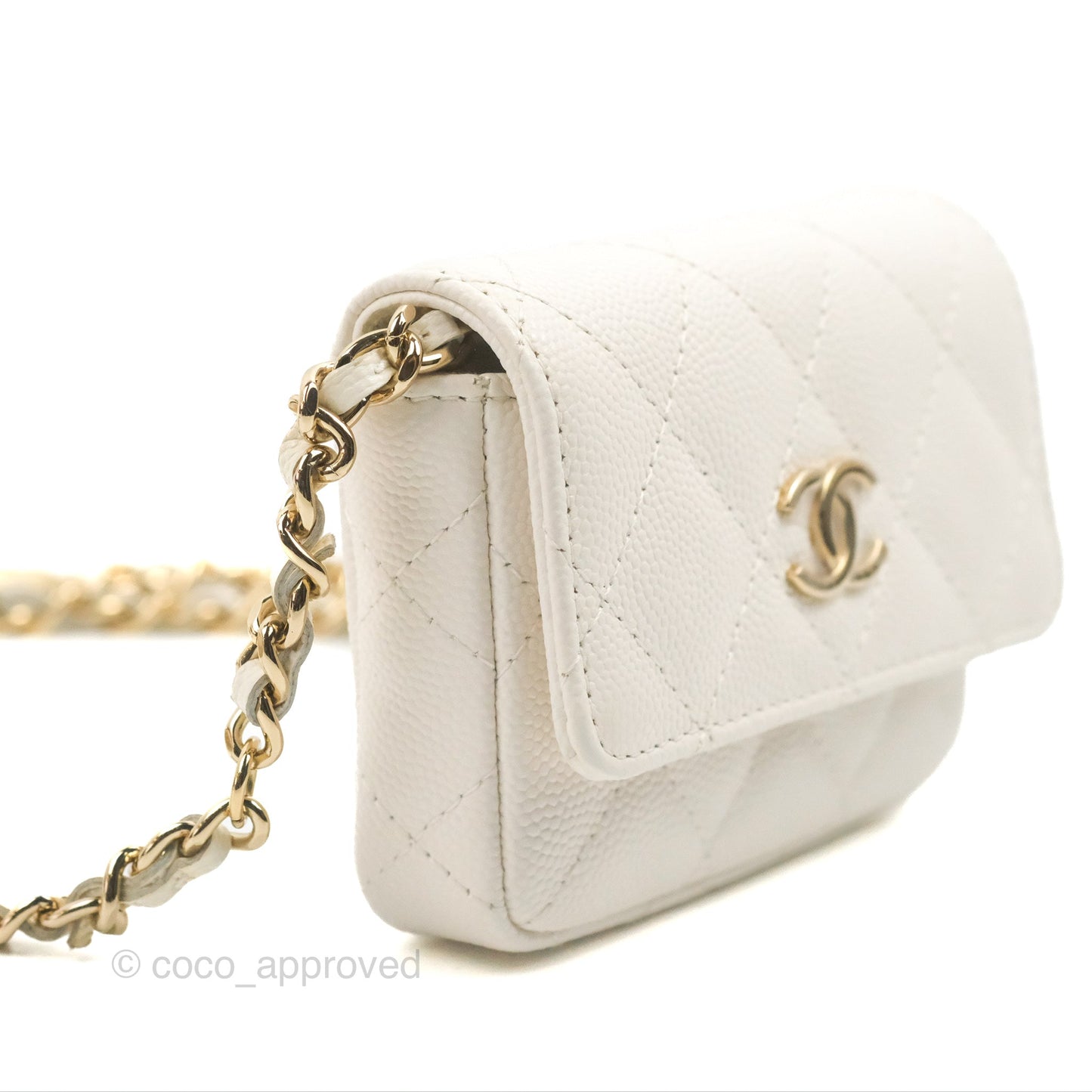 Chanel Mini Card Holder Charms Chain Belt Bag White Caviar Gold Hardware