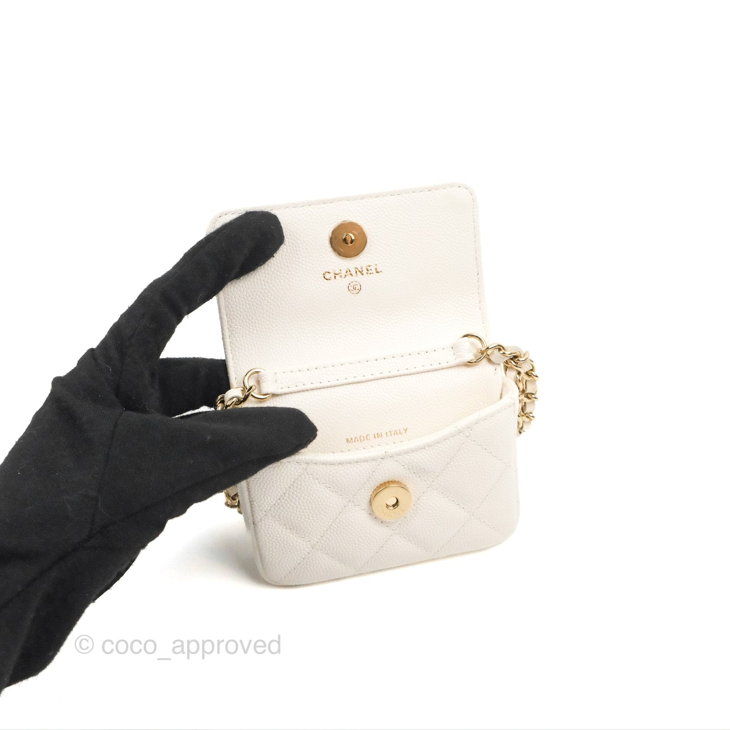 Chanel Mini Card Holder Charms Chain Belt Bag White Caviar Gold Hardware