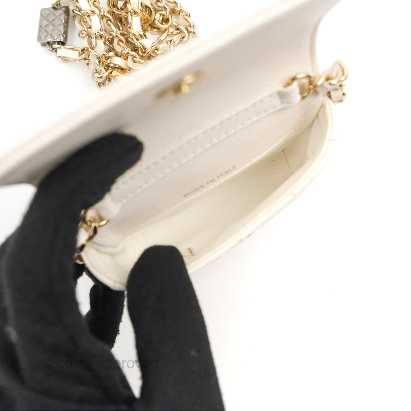 Chanel Mini Card Holder Charms Chain Belt Bag White Caviar Gold Hardware