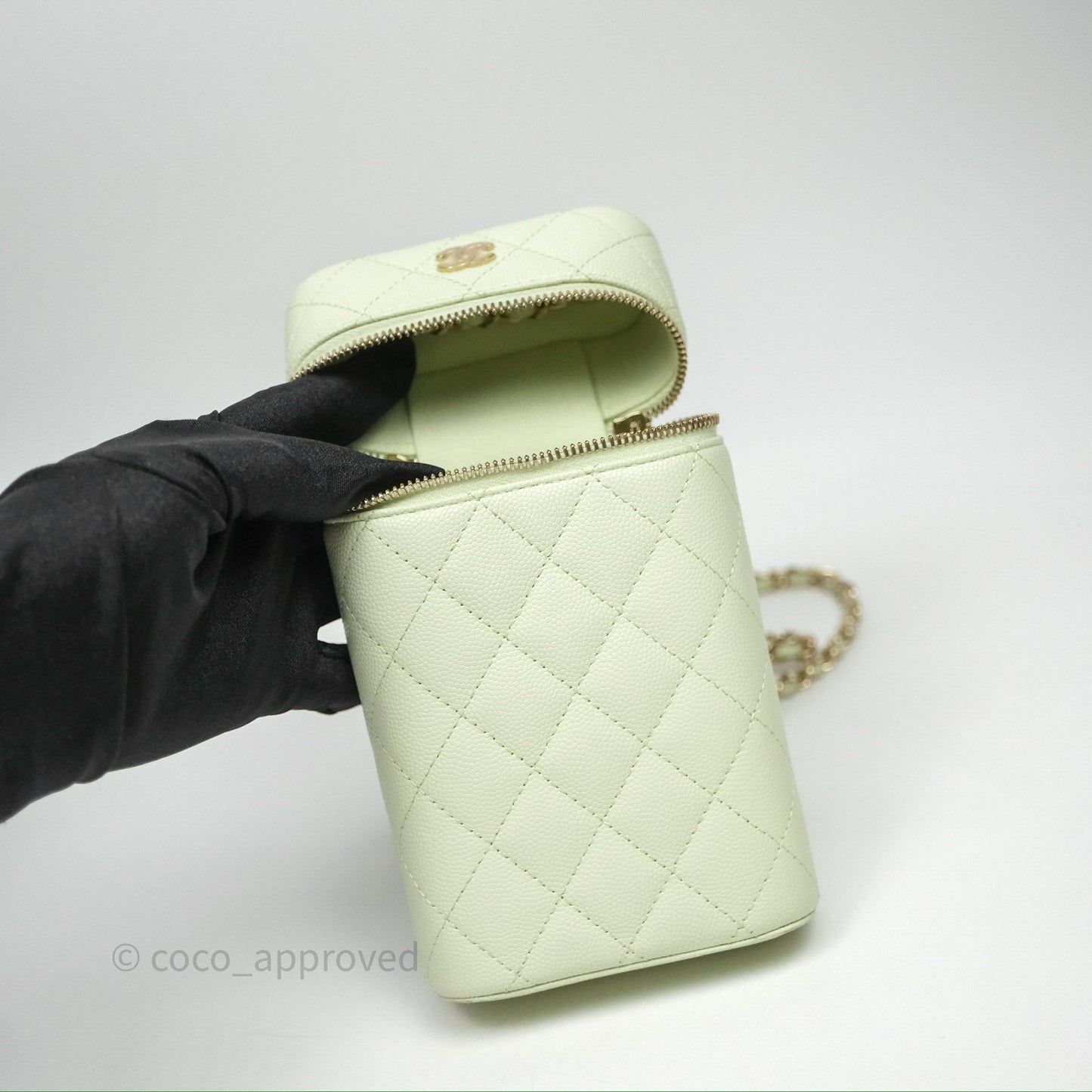 Chanel Vanity Phone Holder With Chain Light Mint Green Caviar Gold Hardware
