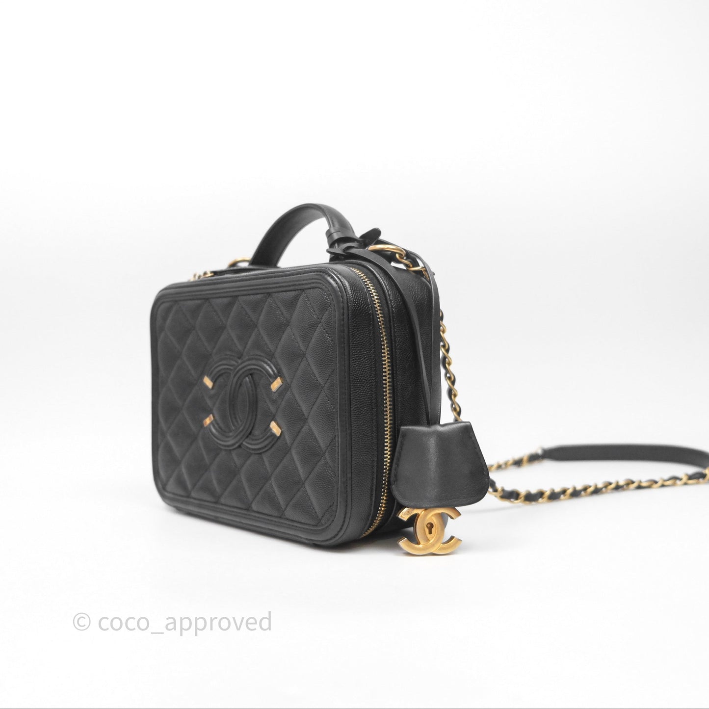 Chanel Quilted Medium CC Filigree Vanity Case Black Caviar Aged Gold Hardware