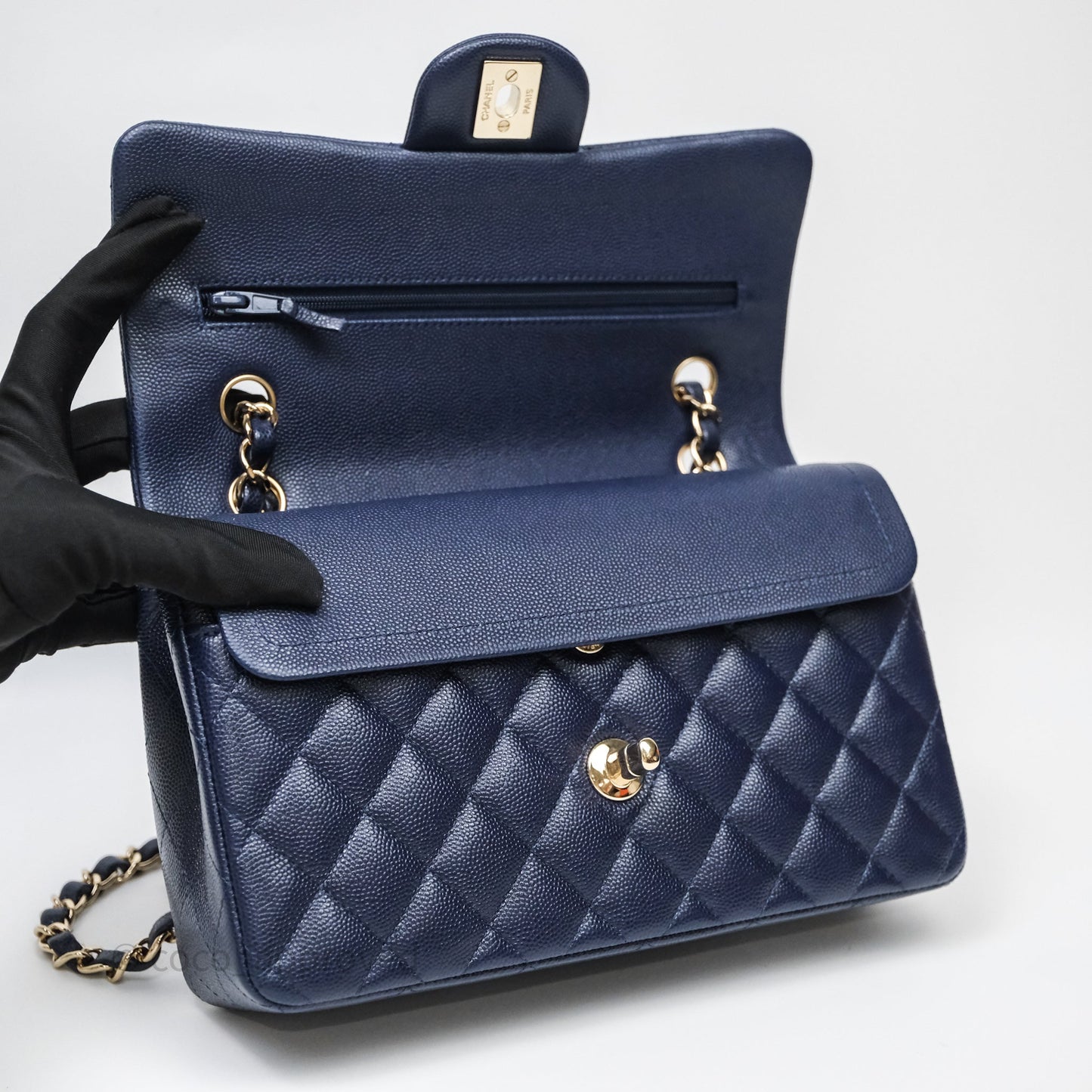 Chanel Small Classic Flap Quilted Navy Caviar Gold Hardware