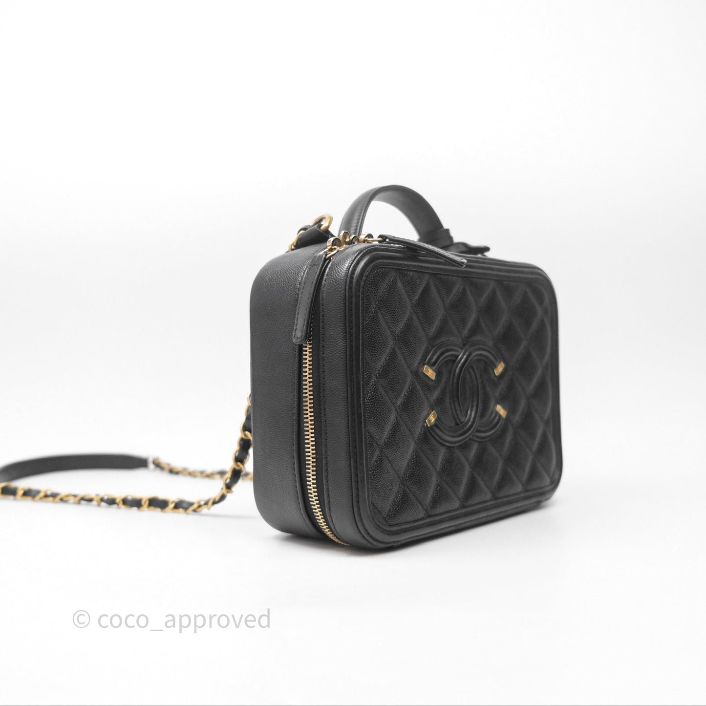 Chanel Quilted Medium CC Filigree Vanity Case Black Caviar Aged Gold Hardware
