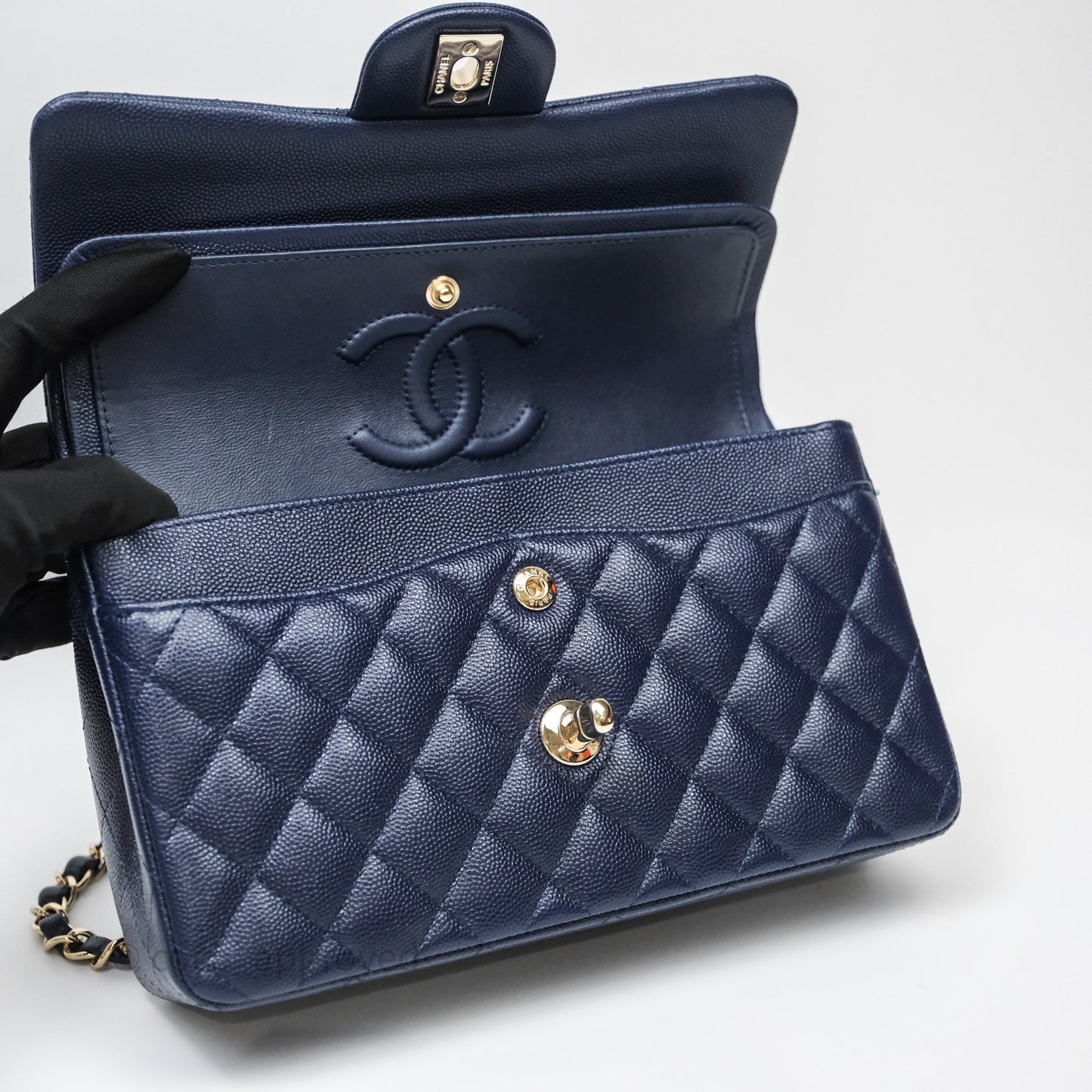 Chanel Small Classic Flap Quilted Navy Caviar Gold Hardware