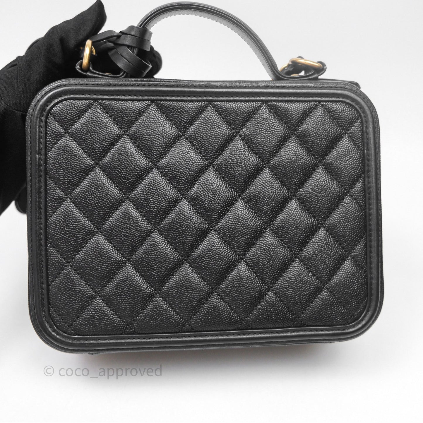 Chanel Quilted Medium CC Filigree Vanity Case Black Caviar Aged Gold Hardware