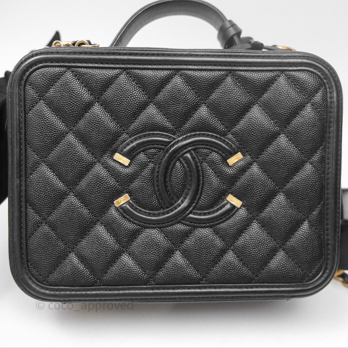 Chanel Quilted Medium CC Filigree Vanity Case Black Caviar Aged Gold Hardware