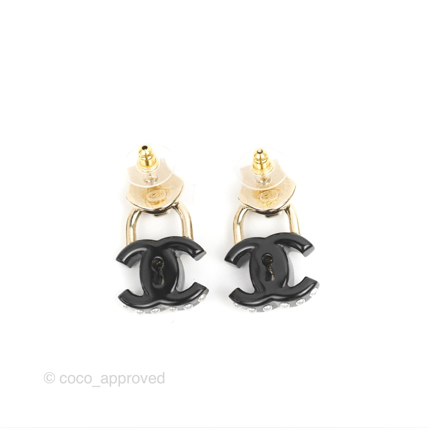 Chanel Zip Lock Pearl Black CC Drop Earrings Gold Tone 22C