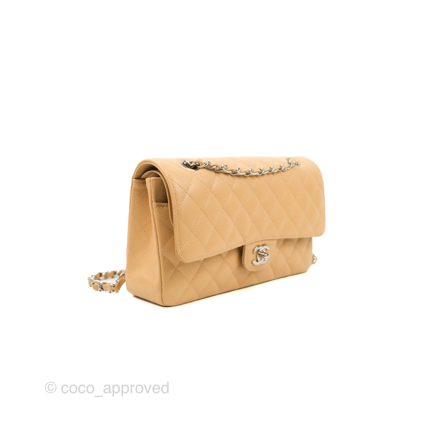 Chanel Classic M/L Medium Flap Quilted Beige Caviar Silver Hardware