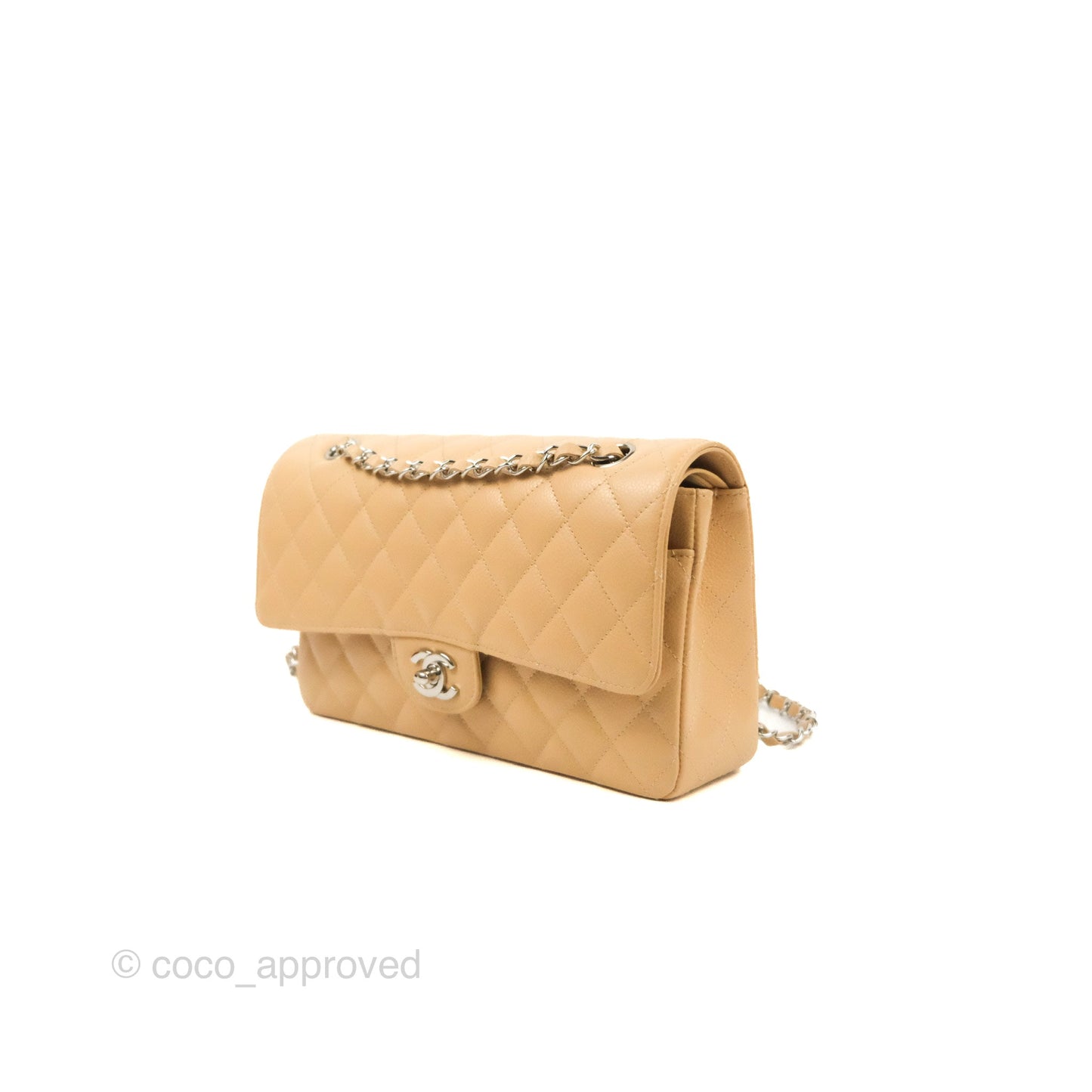 Chanel Classic M/L Medium Flap Quilted Beige Caviar Silver Hardware