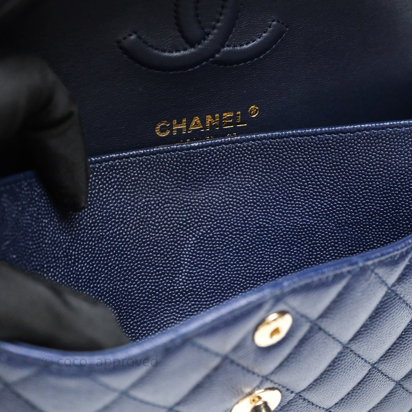 Chanel Small Classic Flap Quilted Navy Caviar Gold Hardware