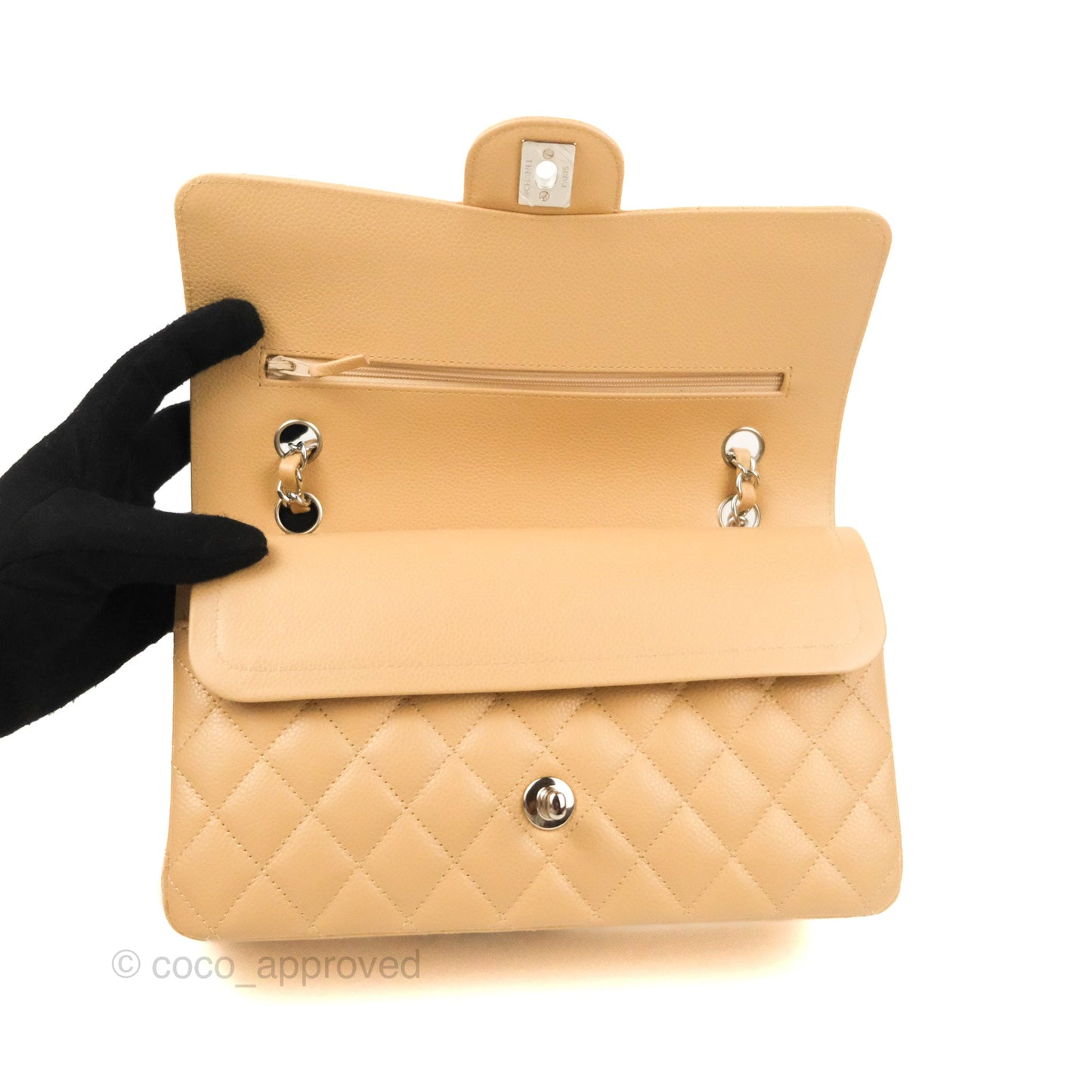 Chanel Classic M/L Medium Flap Quilted Beige Caviar Silver Hardware
