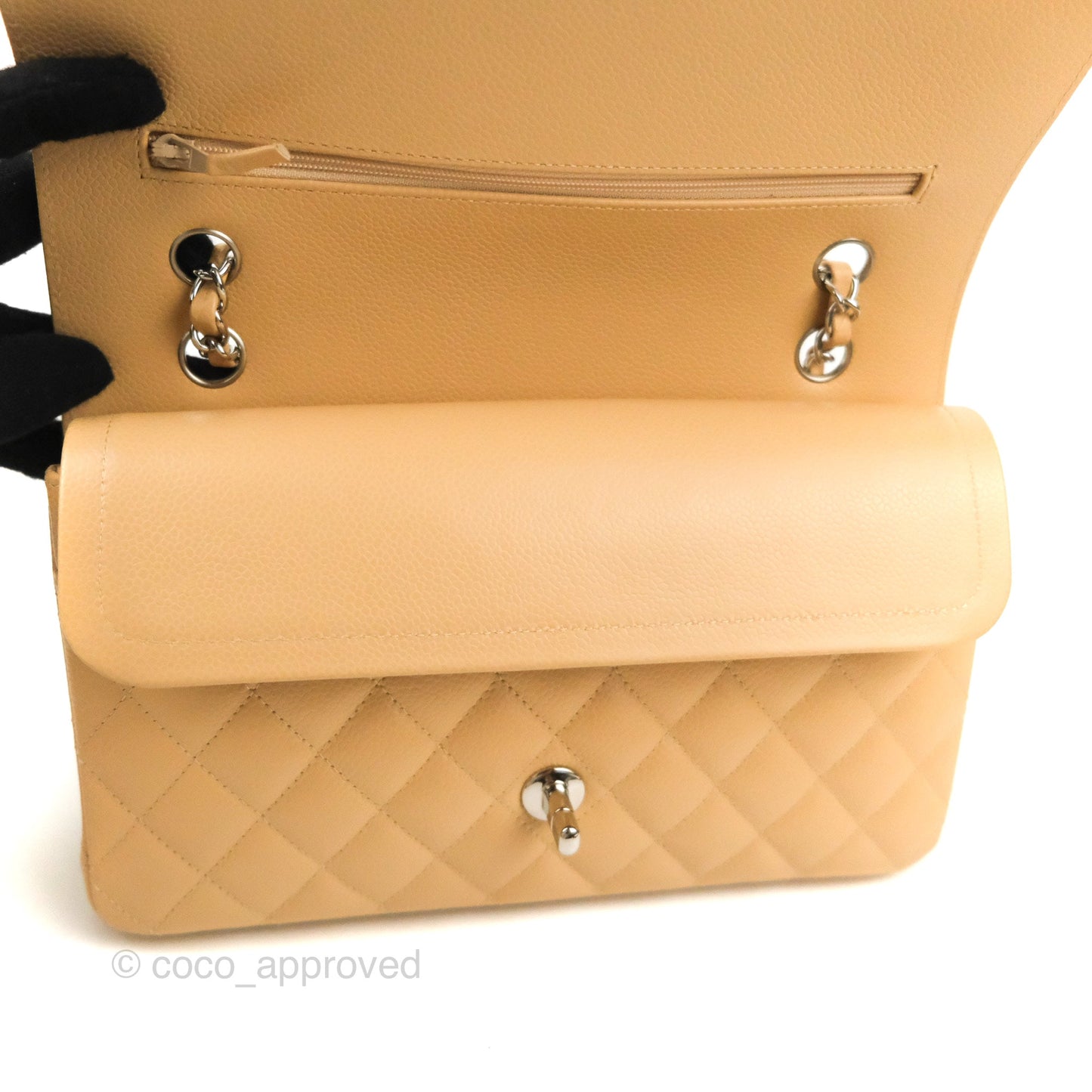 Chanel Classic M/L Medium Flap Quilted Beige Caviar Silver Hardware