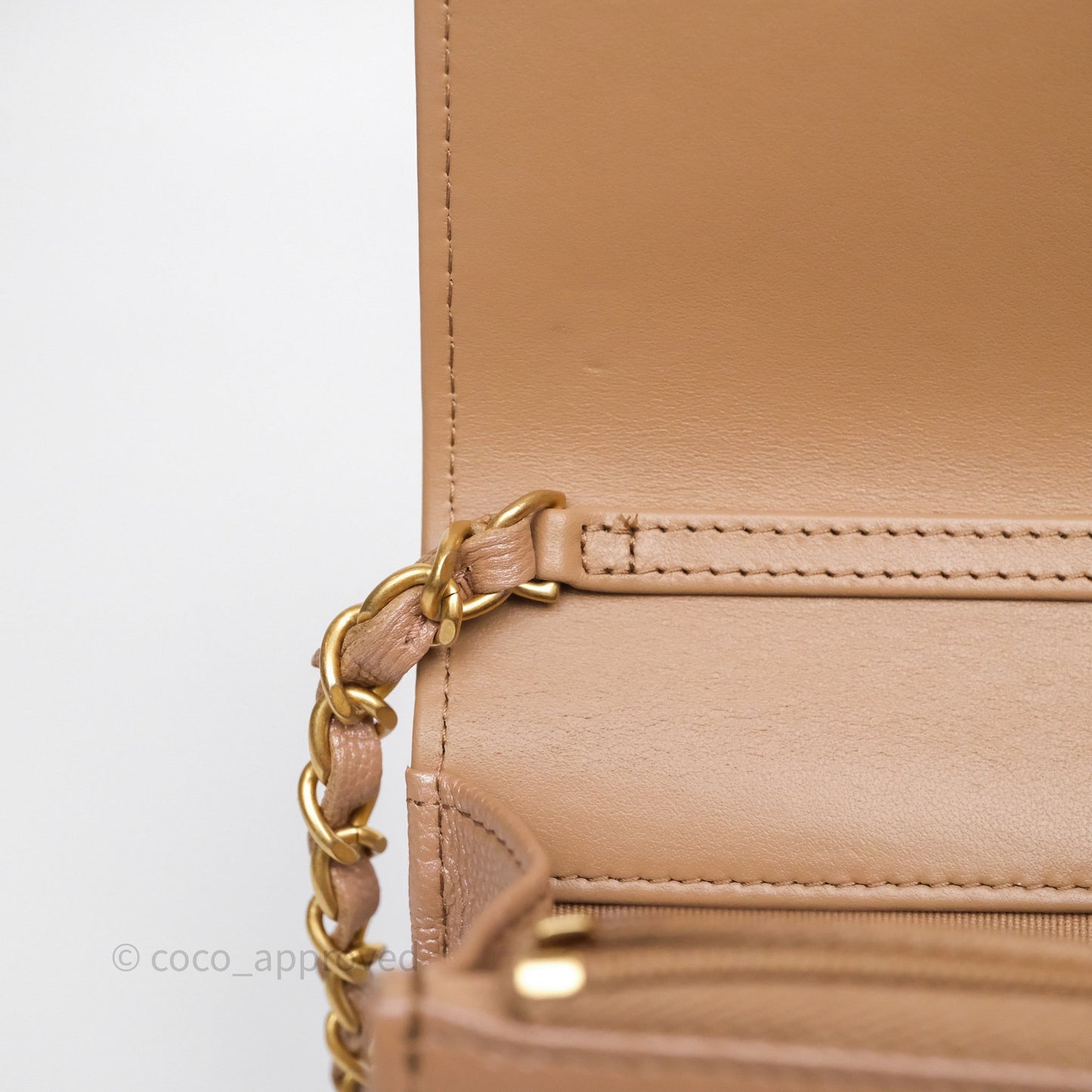 Chanel Wallet On Chain WOC Adjustable CC Chain Beige Iridescent Caviar Aged Gold Hardware