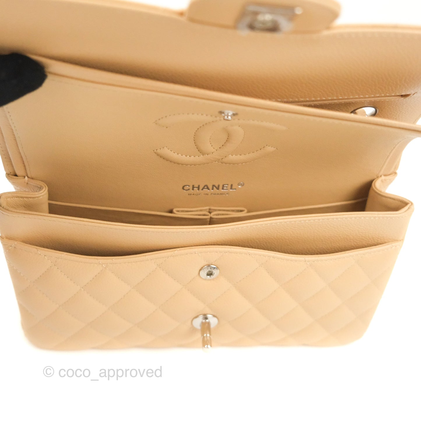 Chanel Classic M/L Medium Flap Quilted Beige Caviar Silver Hardware