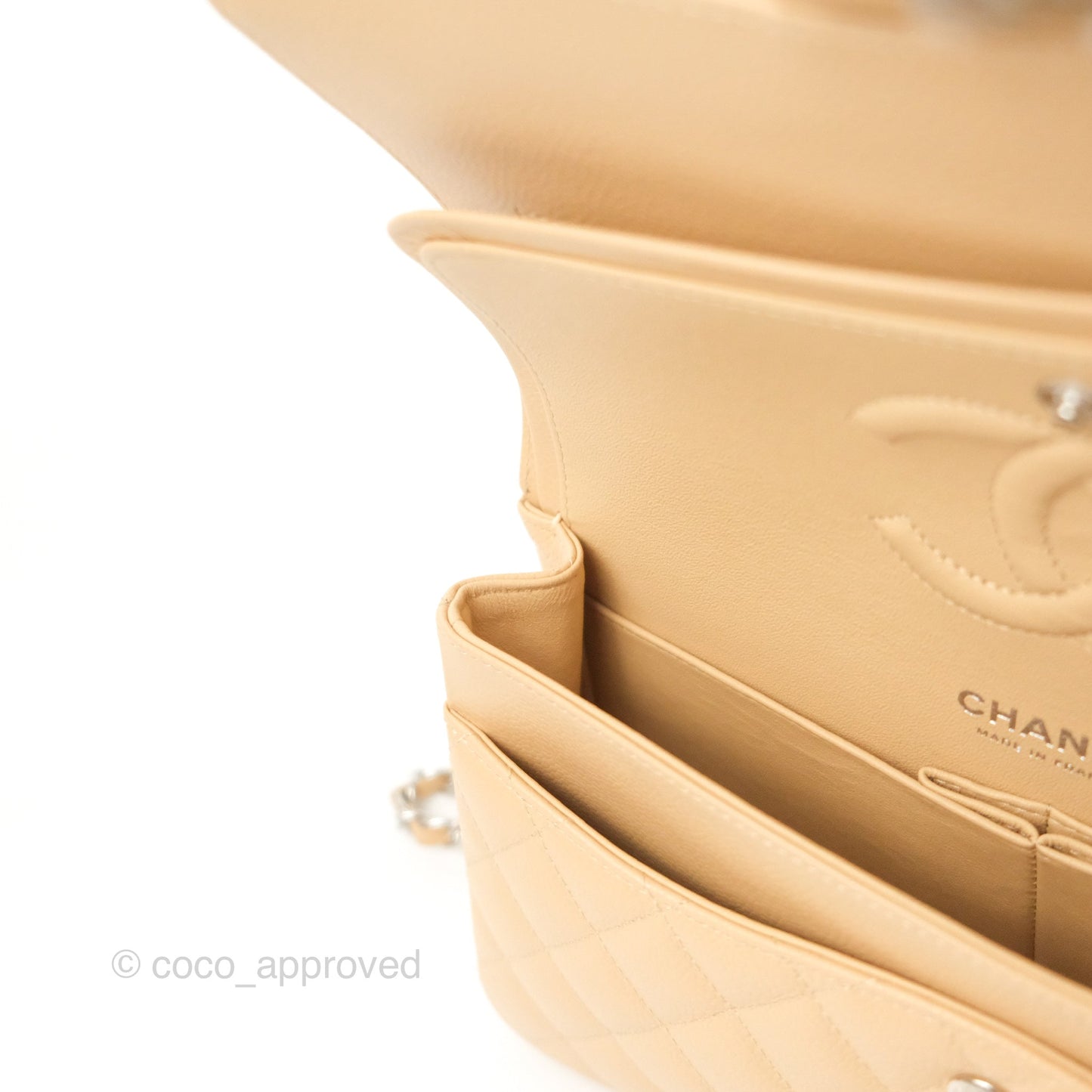 Chanel Classic M/L Medium Flap Quilted Beige Caviar Silver Hardware