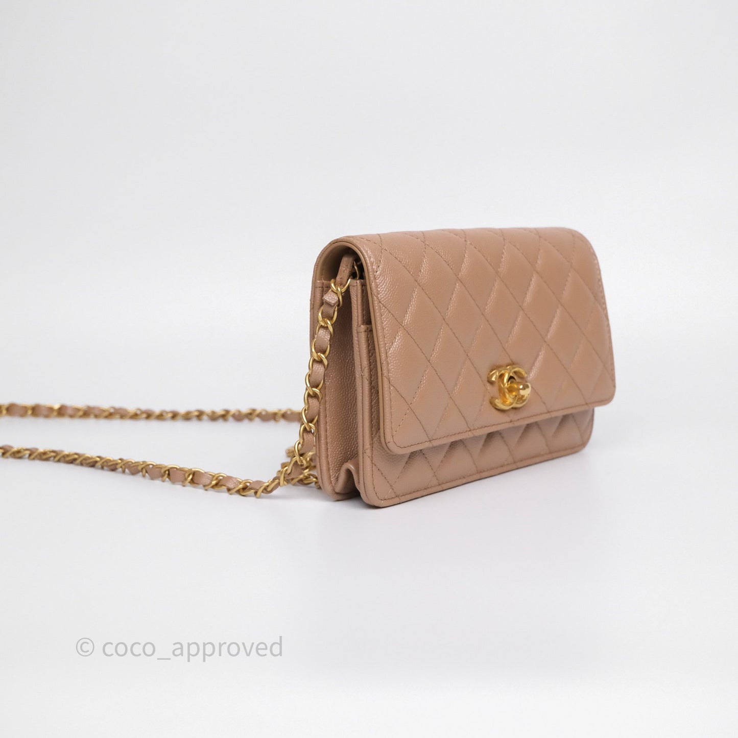 Chanel Wallet On Chain WOC Adjustable CC Chain Beige Iridescent Caviar Aged Gold Hardware