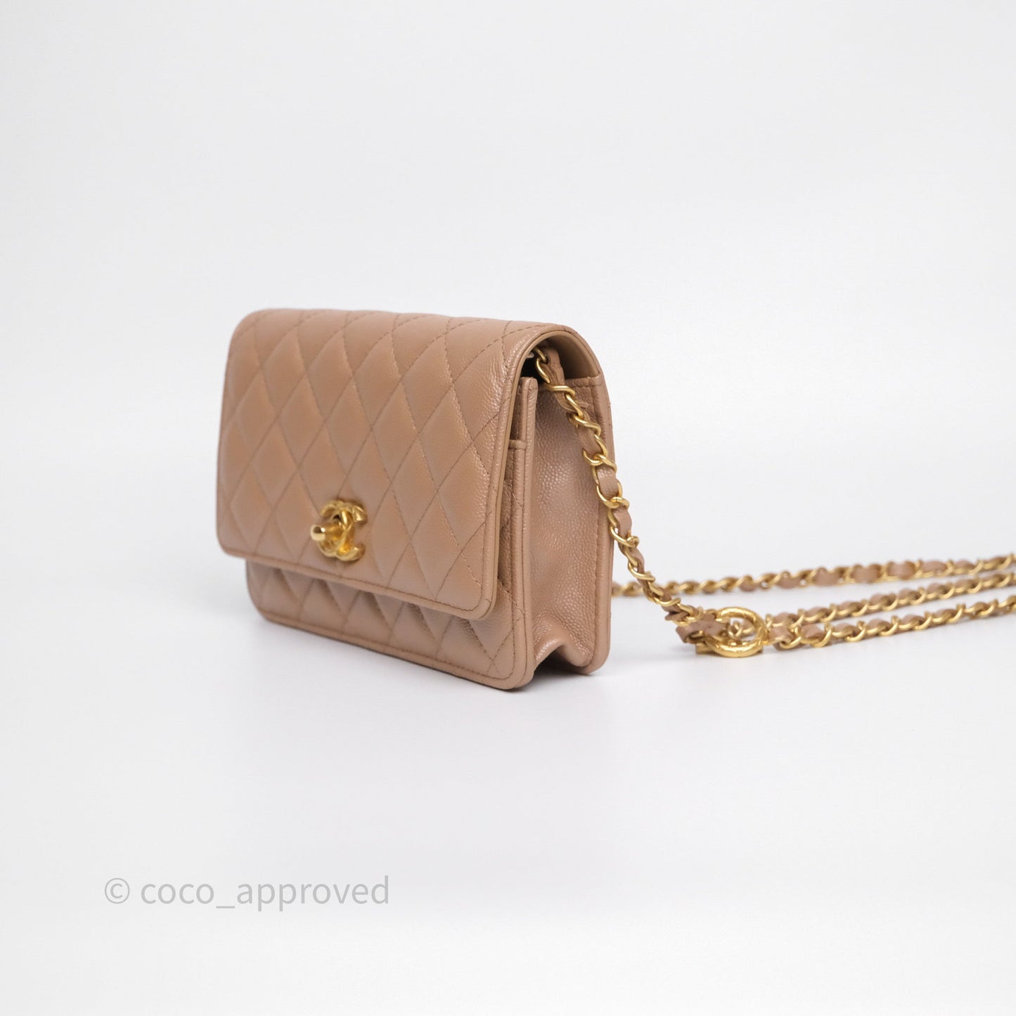 Chanel Wallet On Chain WOC Adjustable CC Chain Beige Iridescent Caviar Aged Gold Hardware