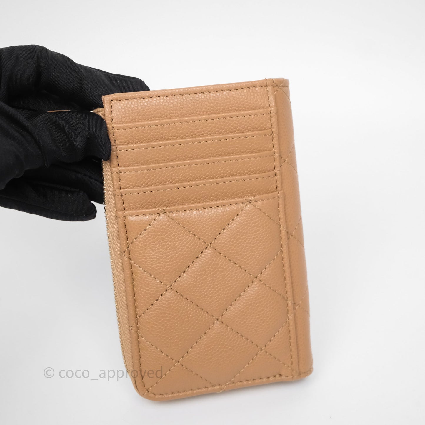 Chanel Quilted Zip Card Holder Dark Beige Caviar Gold Hardware 23S