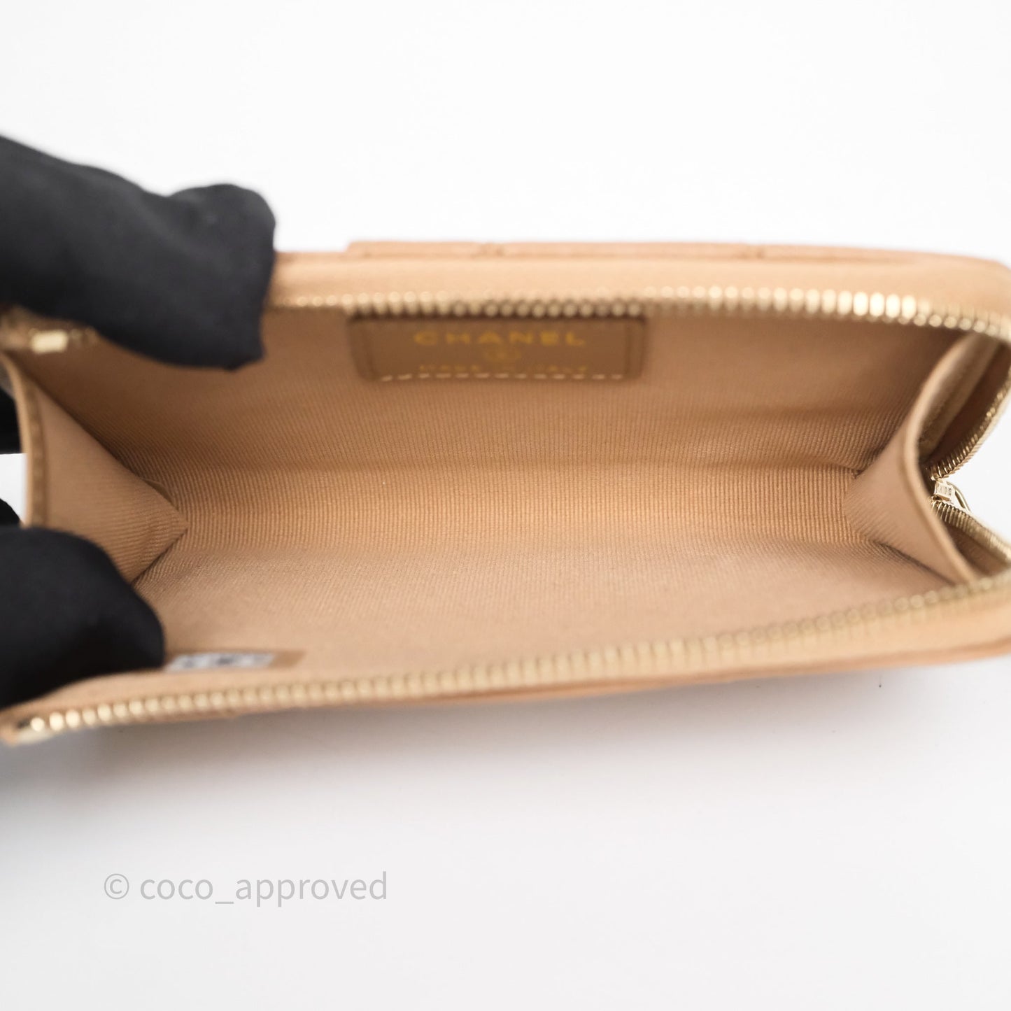 Chanel Quilted Zip Card Holder Dark Beige Caviar Gold Hardware 23S
