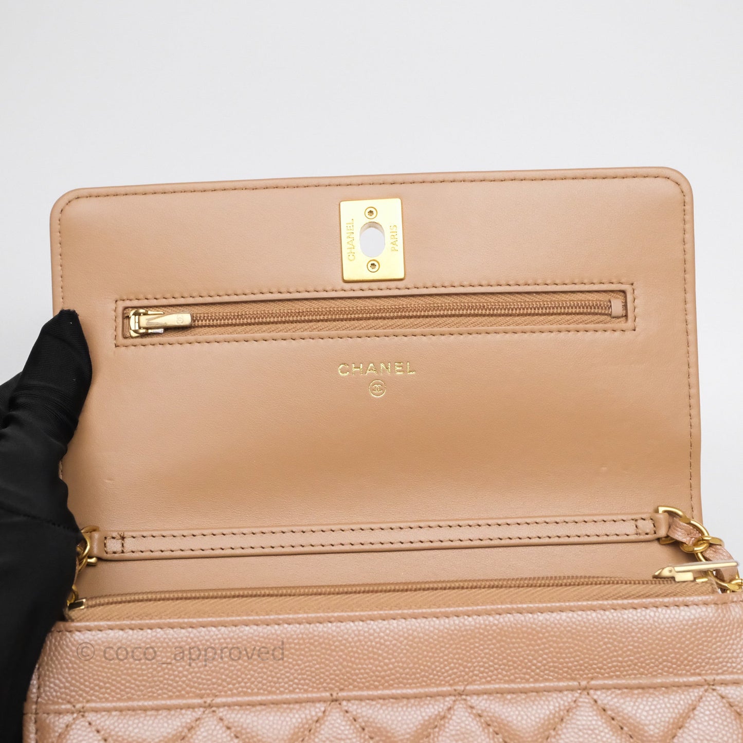 Chanel Wallet On Chain WOC Adjustable CC Chain Beige Iridescent Caviar Aged Gold Hardware