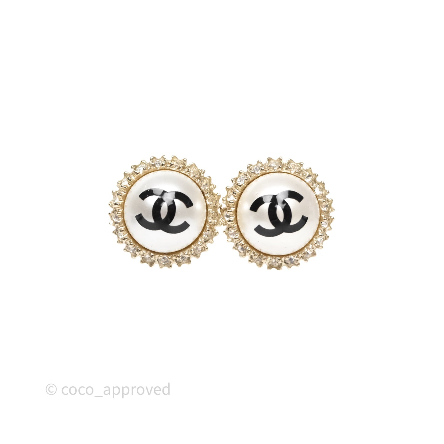 Chanel CC Pearl Crystal Round Earrings Gold Tone 20P