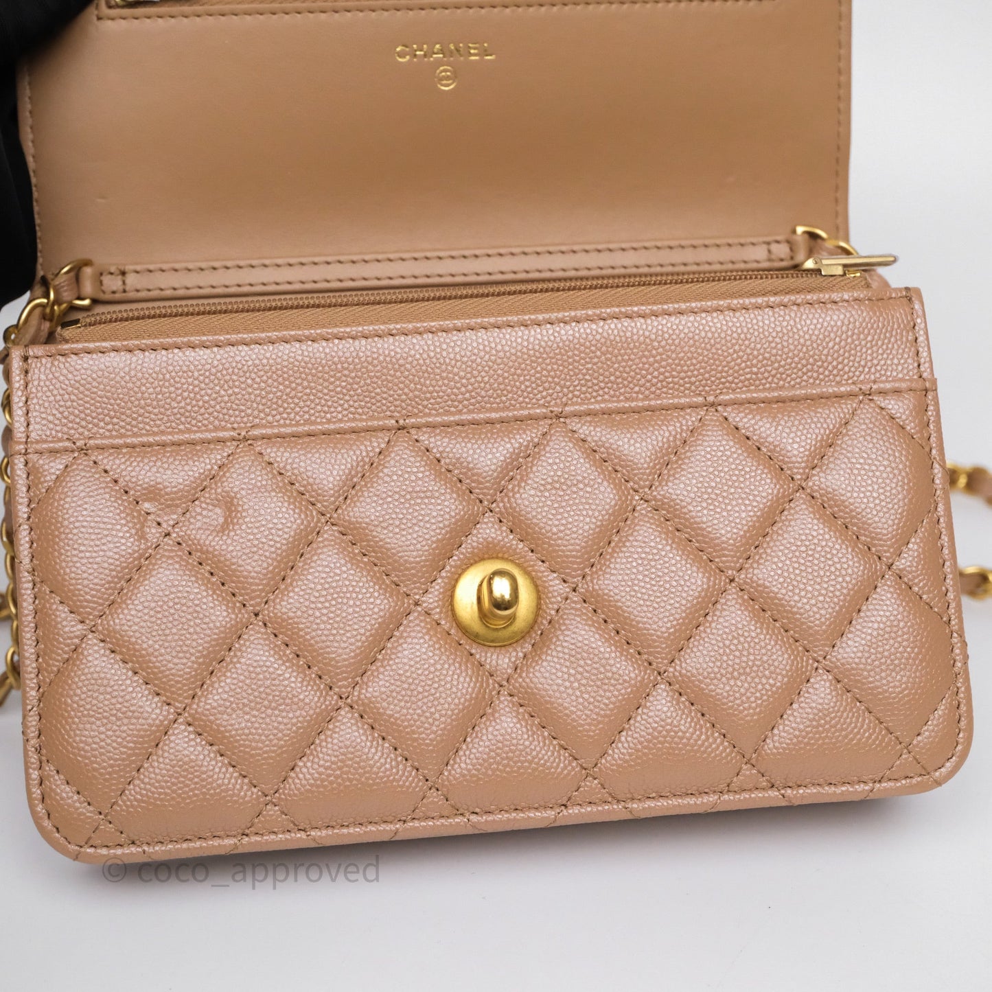 Chanel Wallet On Chain WOC Adjustable CC Chain Beige Iridescent Caviar Aged Gold Hardware