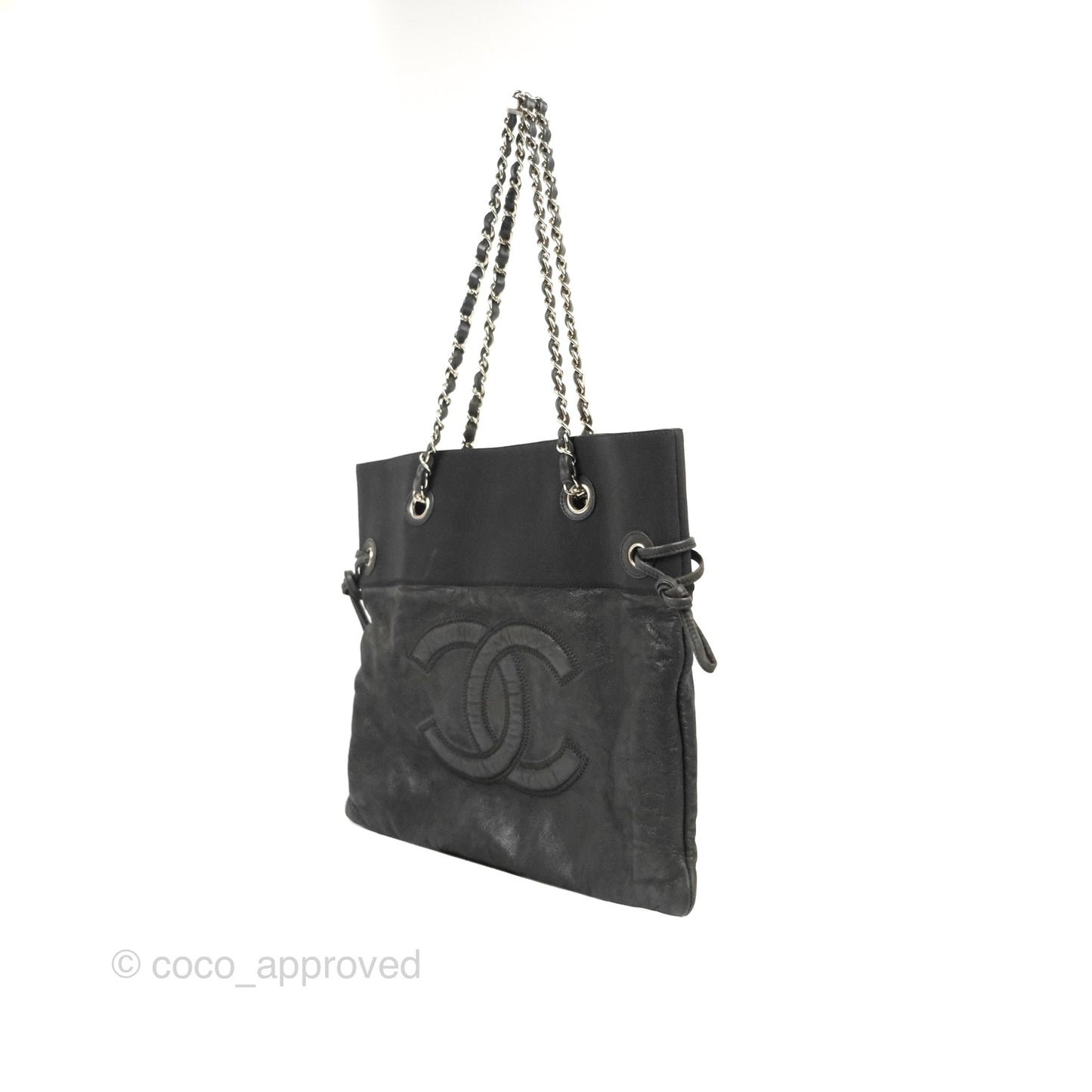 Chanel Vinyl CC Tote Black Canvas/Glitter Leather Silver Hardware