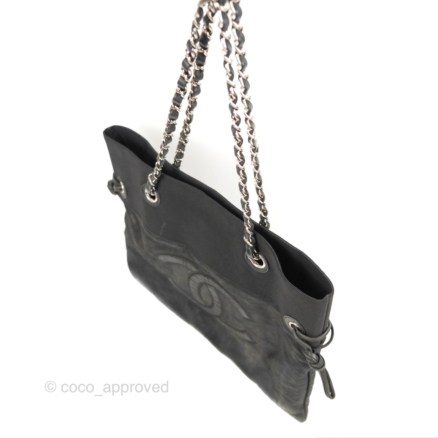 Chanel Vinyl CC Tote Black Canvas/Glitter Leather Silver Hardware