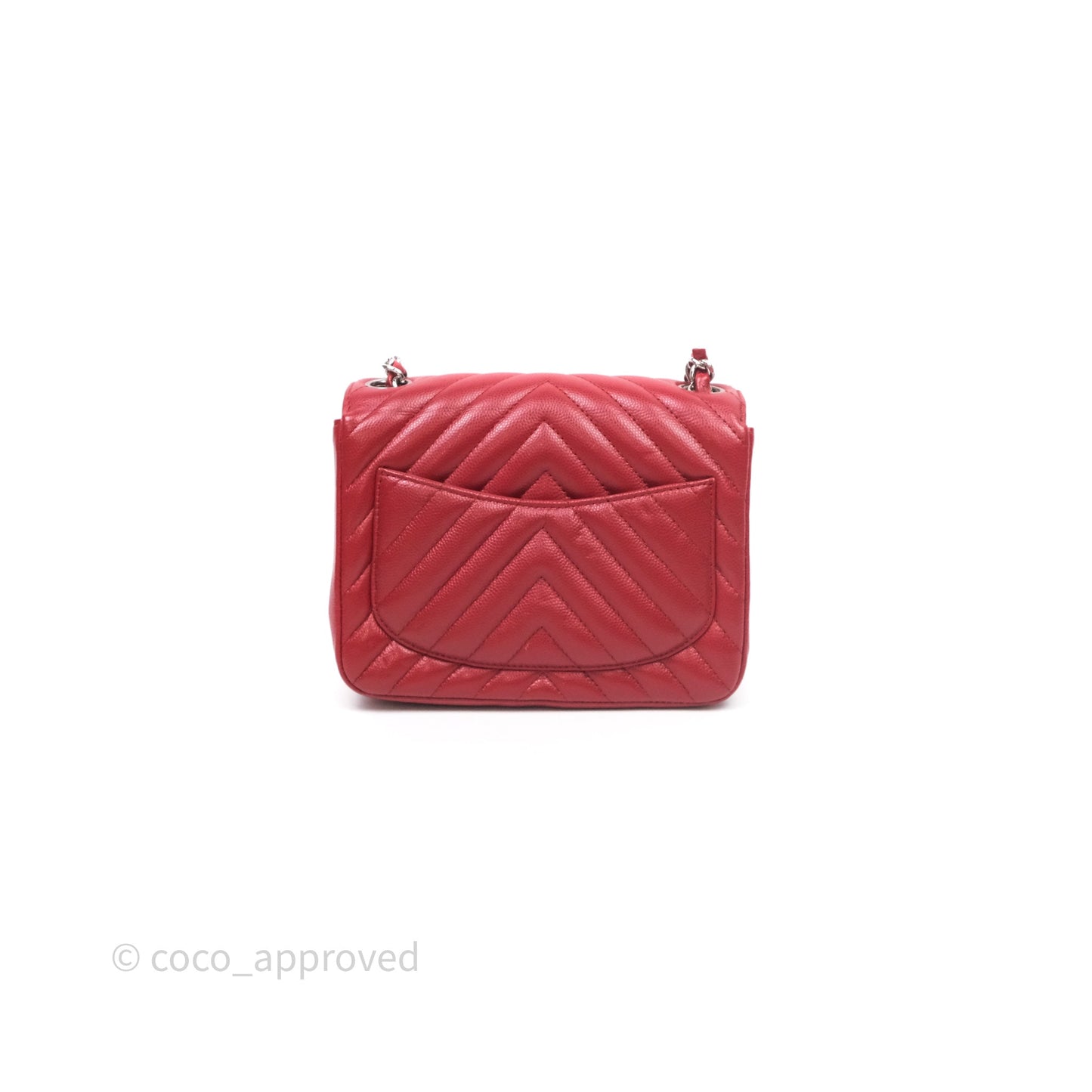 Chanel Mini Square Chervon Red Caviar Silver Hardware