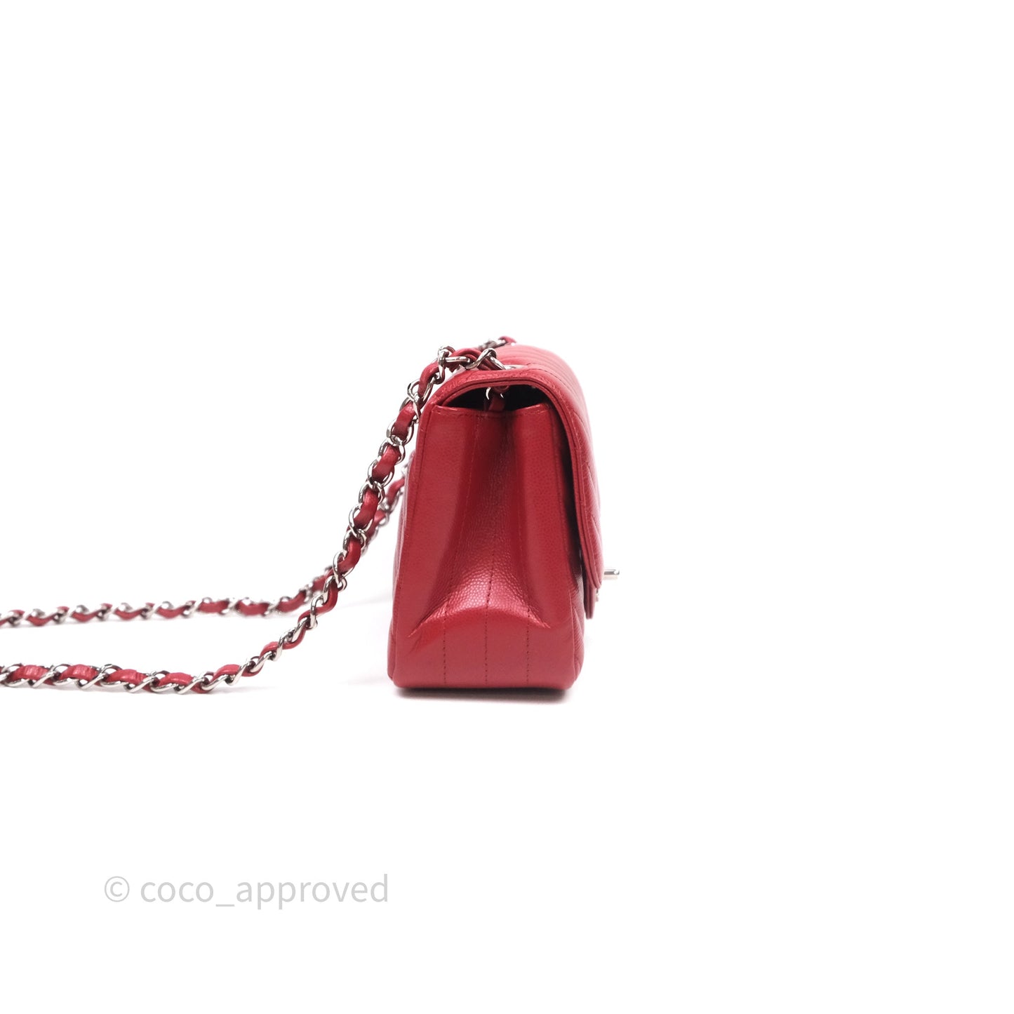 Chanel Mini Square Chervon Red Caviar Silver Hardware