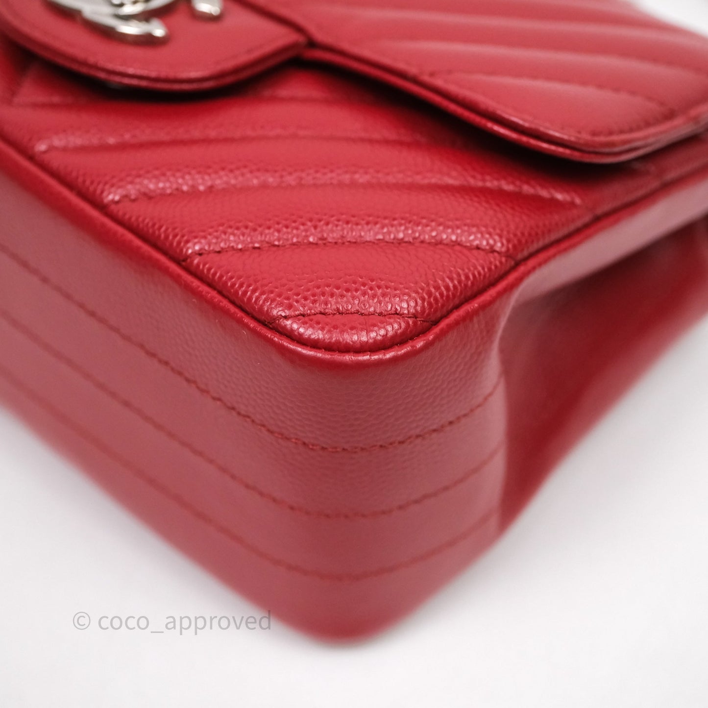 Chanel Mini Square Chervon Red Caviar Silver Hardware