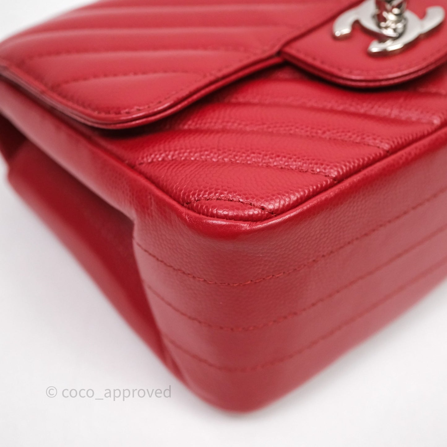 Chanel Mini Square Chervon Red Caviar Silver Hardware