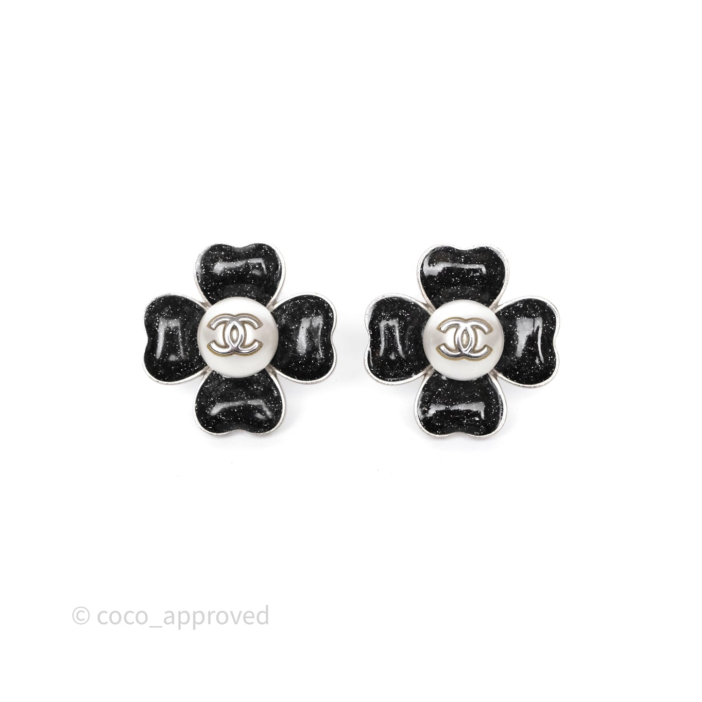 Chanel CC Pearl Black Flower Earrings Silver Tone 21B