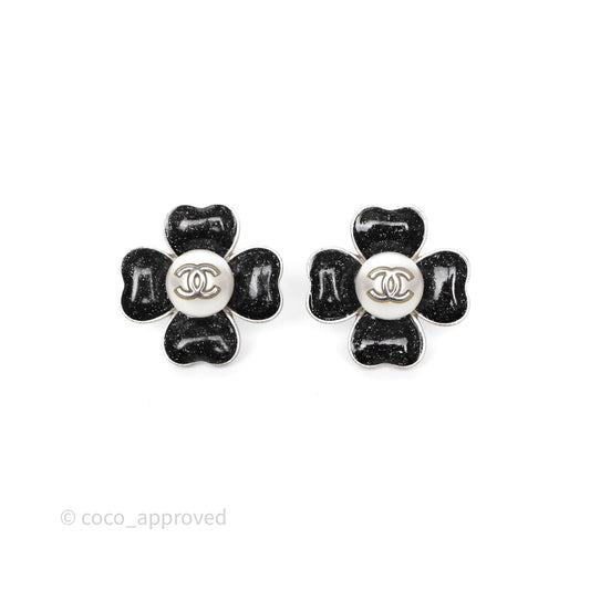 Chanel CC Pearl Black Flower Earrings Silver Tone 21B