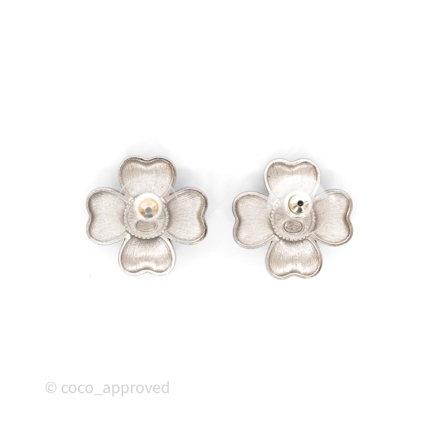 Chanel CC Pearl Black Flower Earrings Silver Tone 21B