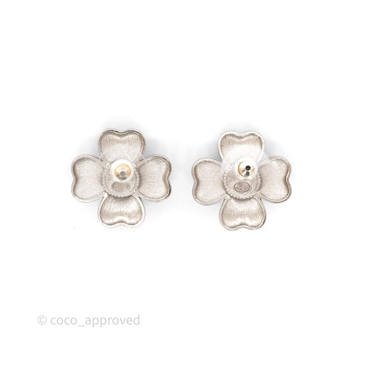 Chanel CC Pearl Black Flower Earrings Silver Tone 21B