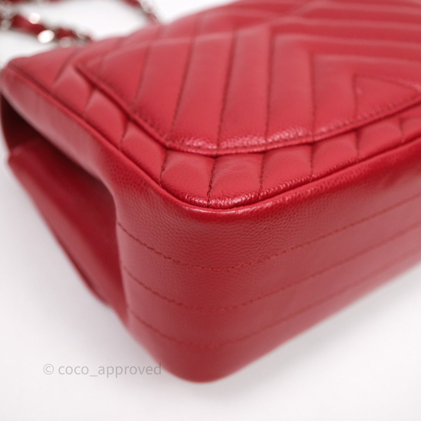 Chanel Mini Square Chervon Red Caviar Silver Hardware