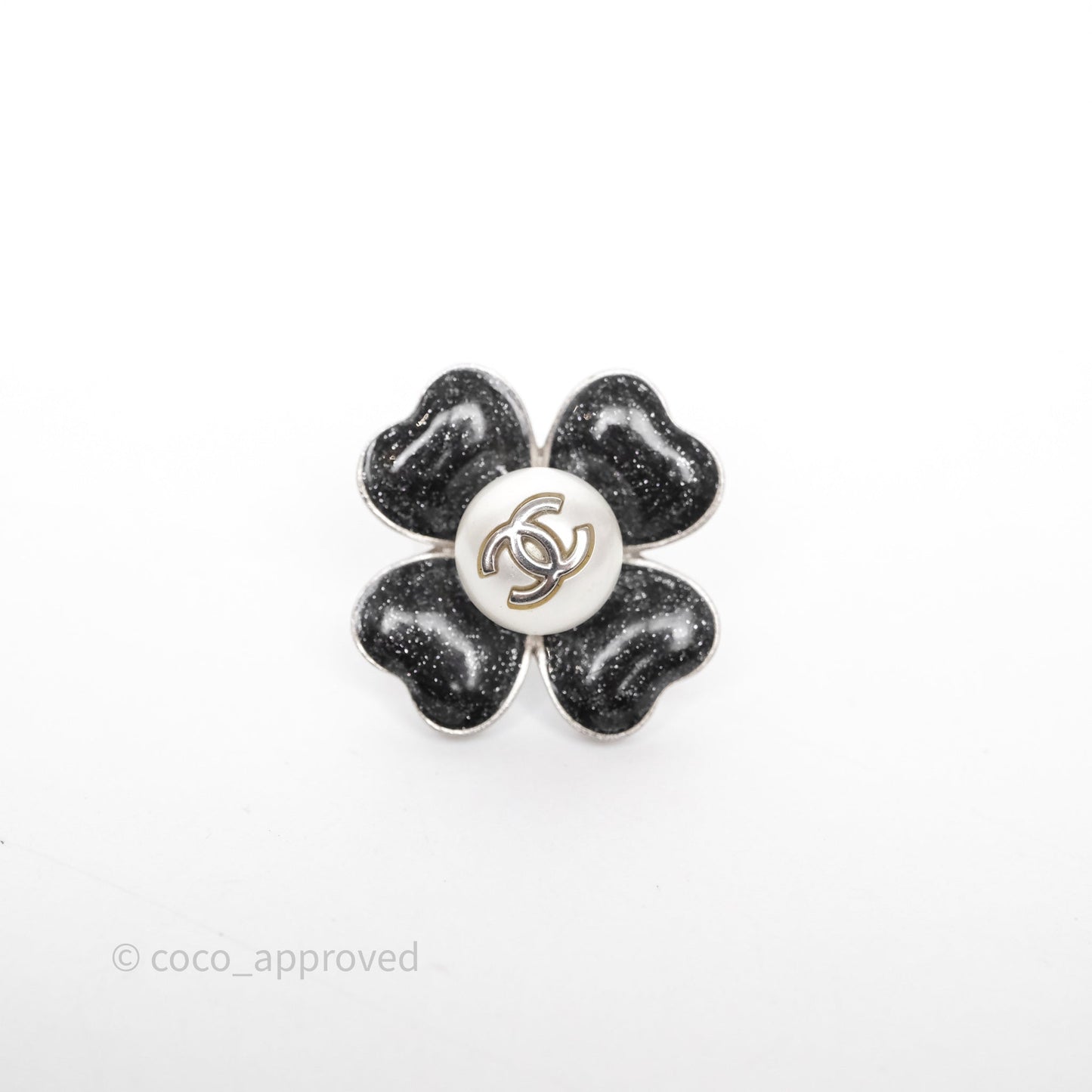 Chanel CC Pearl Black Flower Earrings Silver Tone 21B