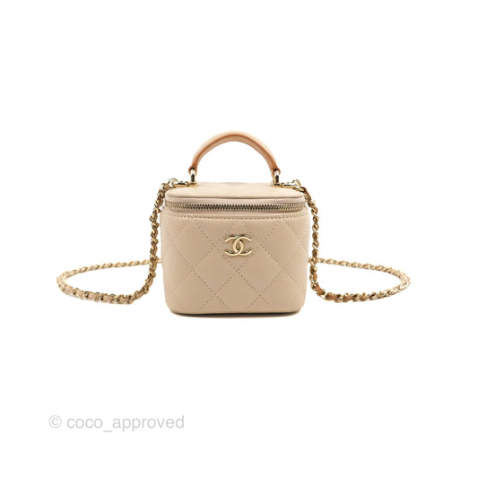 Chanel Mini Top Handle Vanity With Chain Ecru/Beige Lambskin Gold Hardware 23P