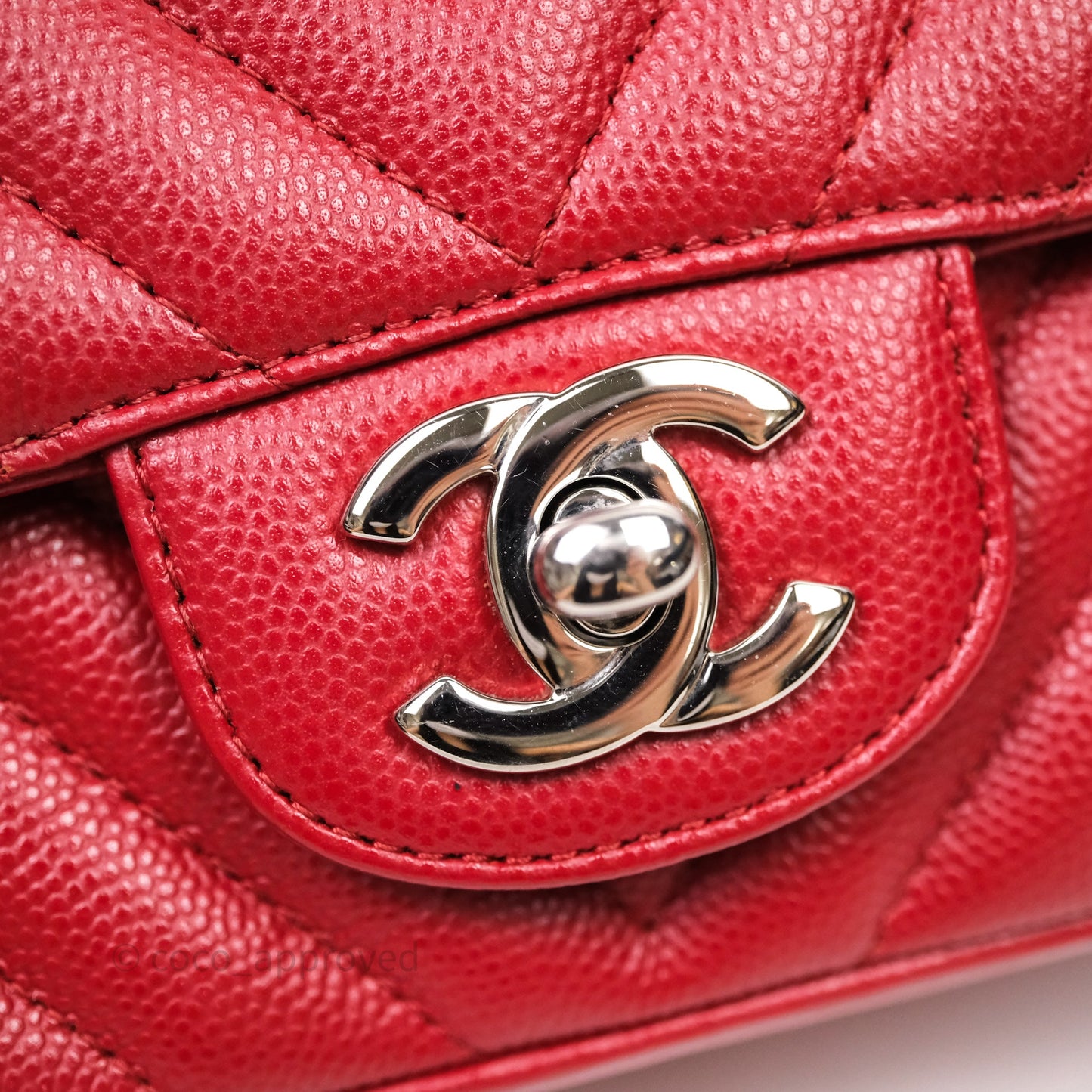 Chanel Mini Square Chervon Red Caviar Silver Hardware