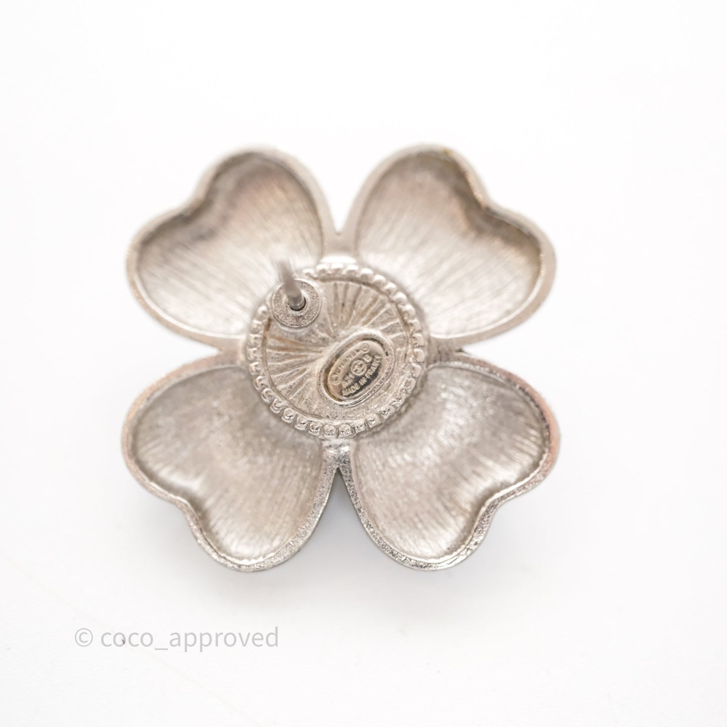 Chanel CC Pearl Black Flower Earrings Silver Tone 21B