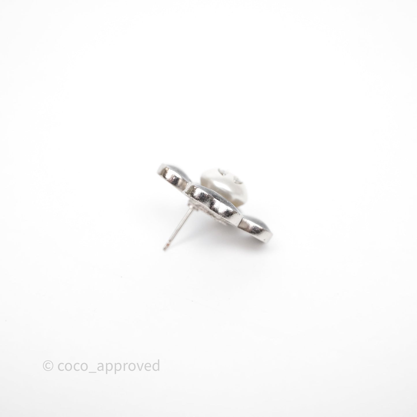Chanel CC Pearl Black Flower Earrings Silver Tone 21B