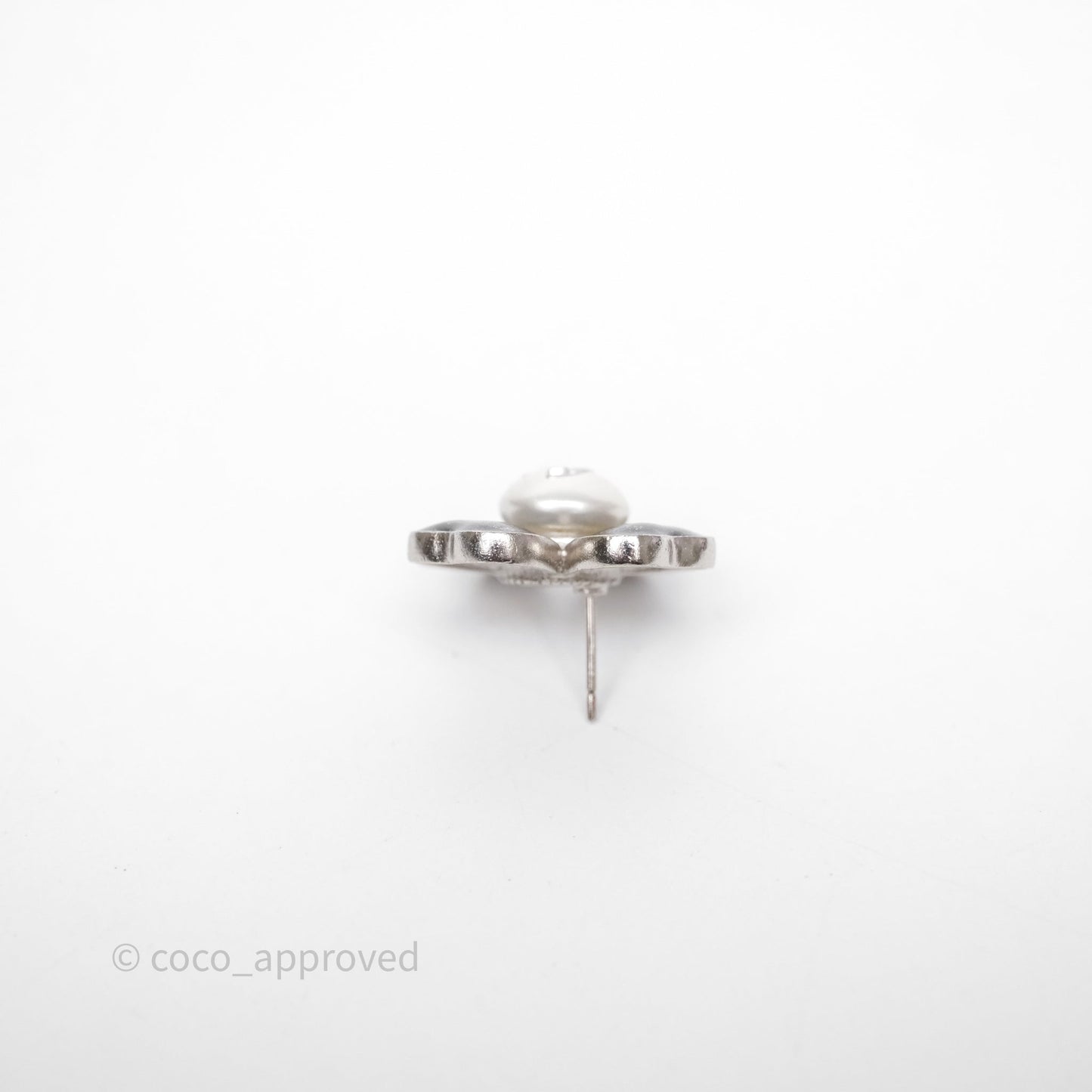 Chanel CC Pearl Black Flower Earrings Silver Tone 21B