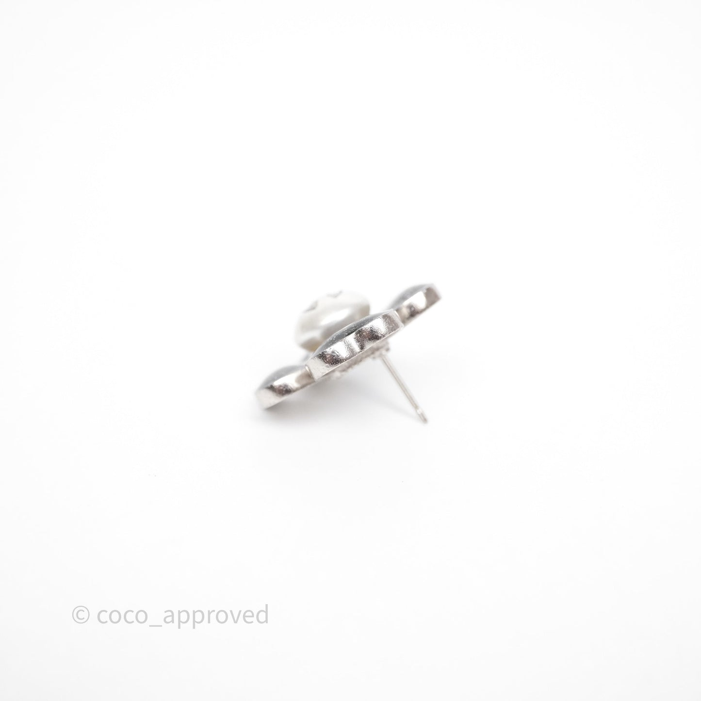 Chanel CC Pearl Black Flower Earrings Silver Tone 21B