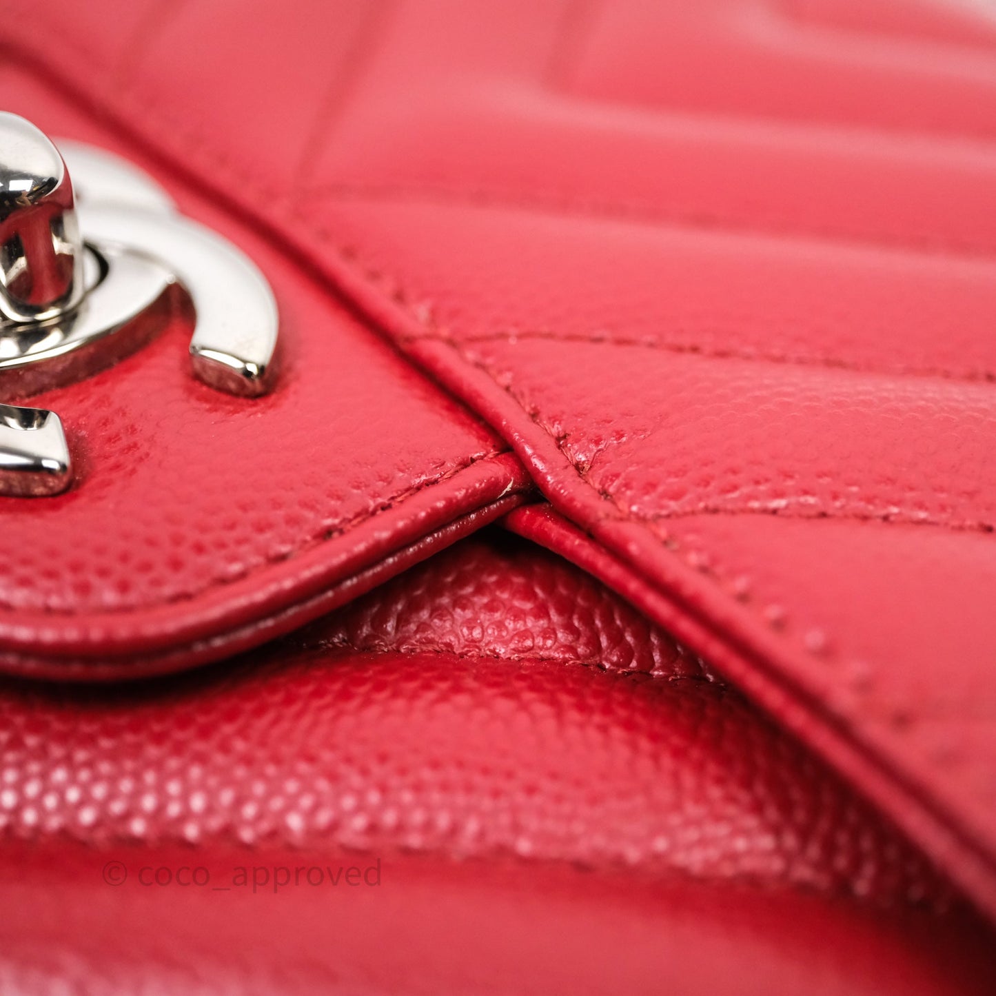 Chanel Mini Square Chervon Red Caviar Silver Hardware