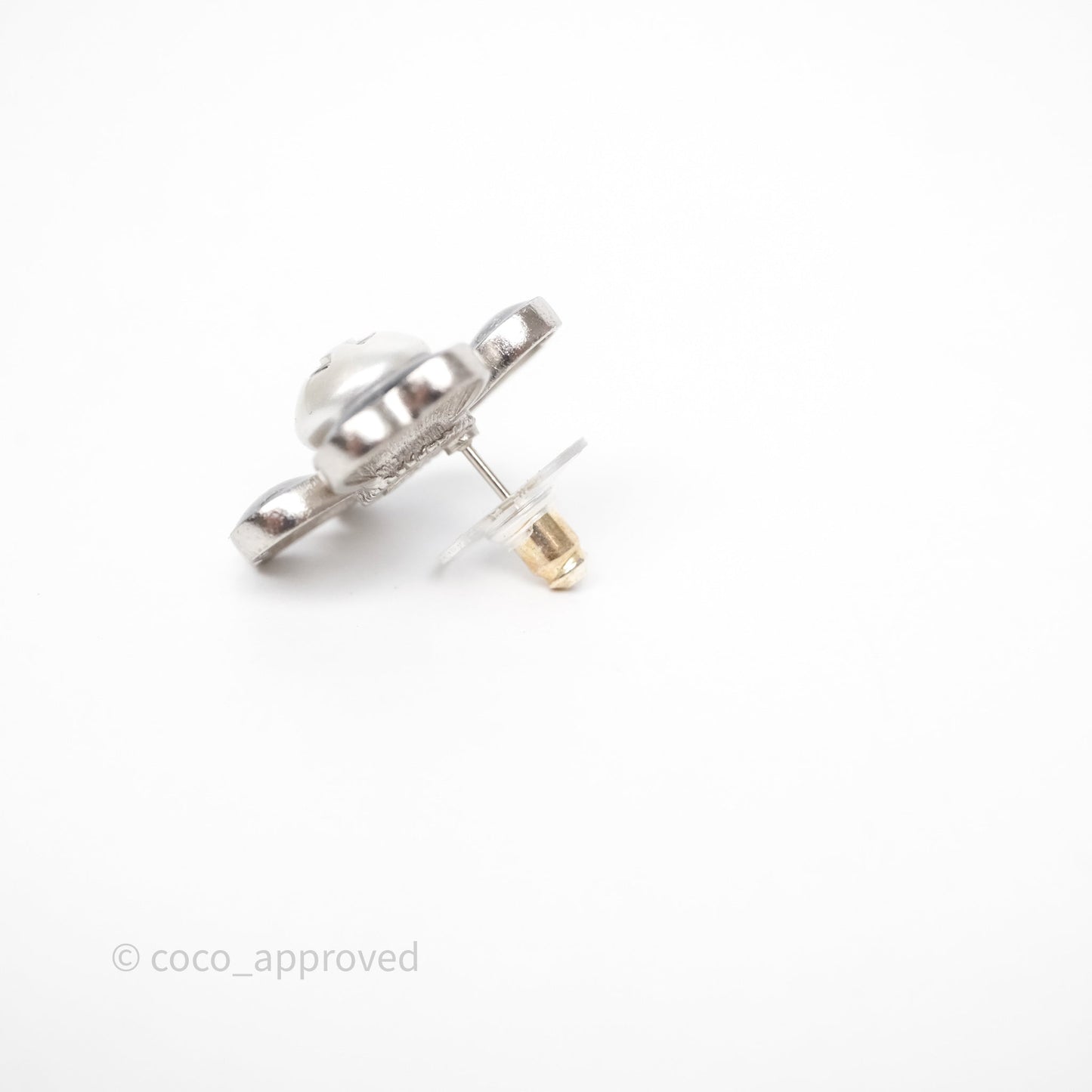 Chanel CC Pearl Black Flower Earrings Silver Tone 21B