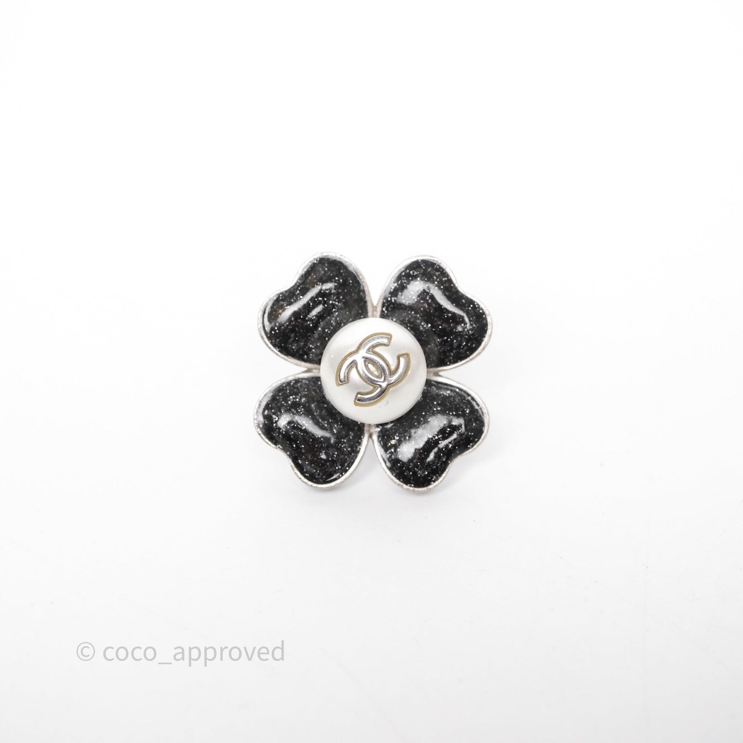 Chanel CC Pearl Black Flower Earrings Silver Tone 21B