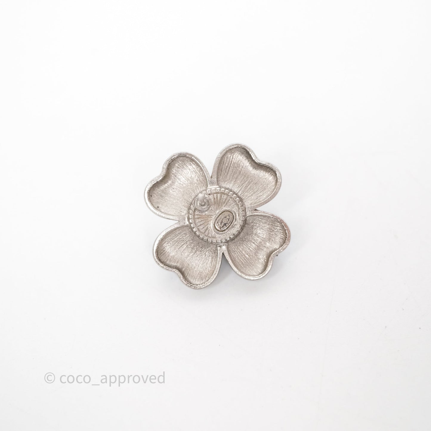Chanel CC Pearl Black Flower Earrings Silver Tone 21B