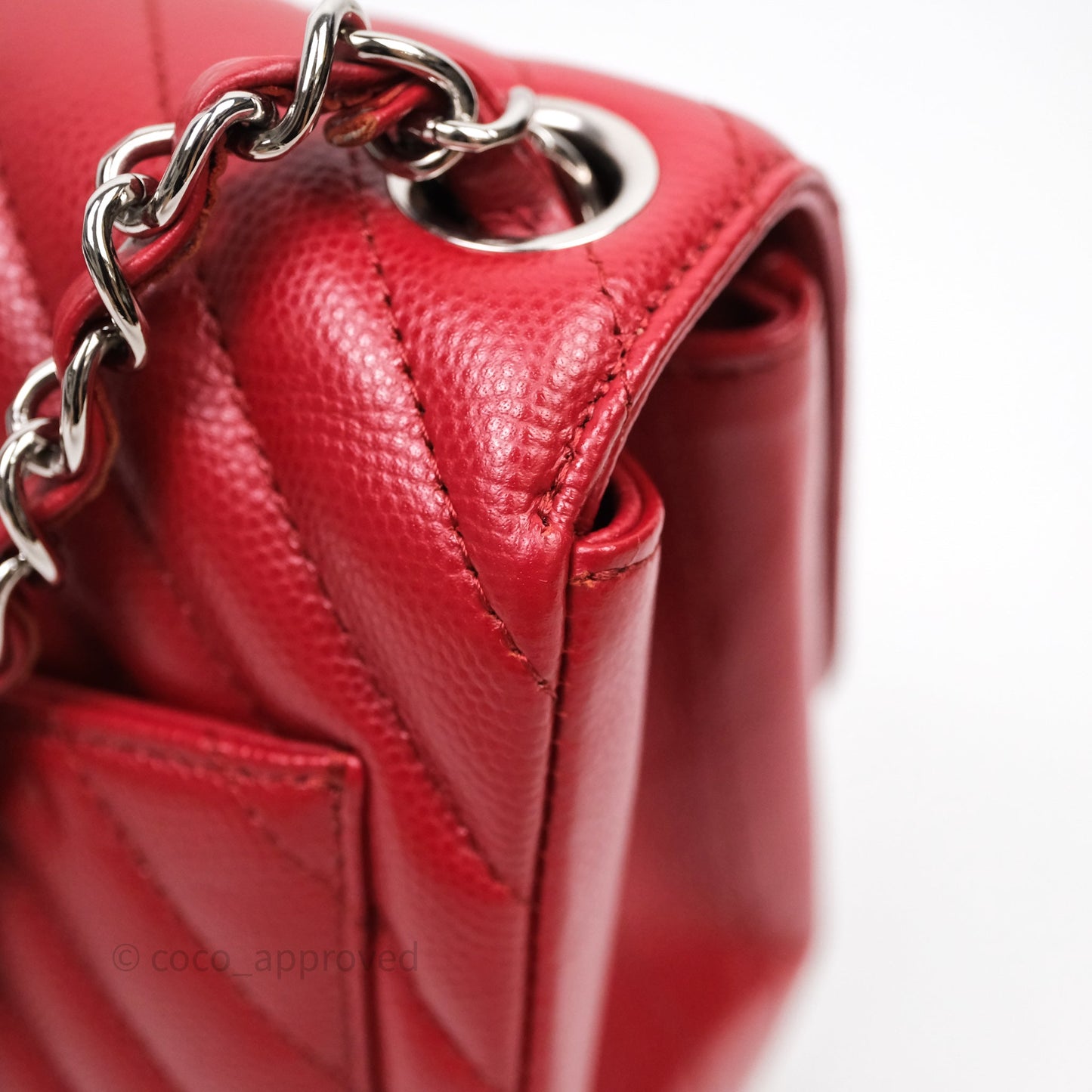 Chanel Mini Square Chervon Red Caviar Silver Hardware
