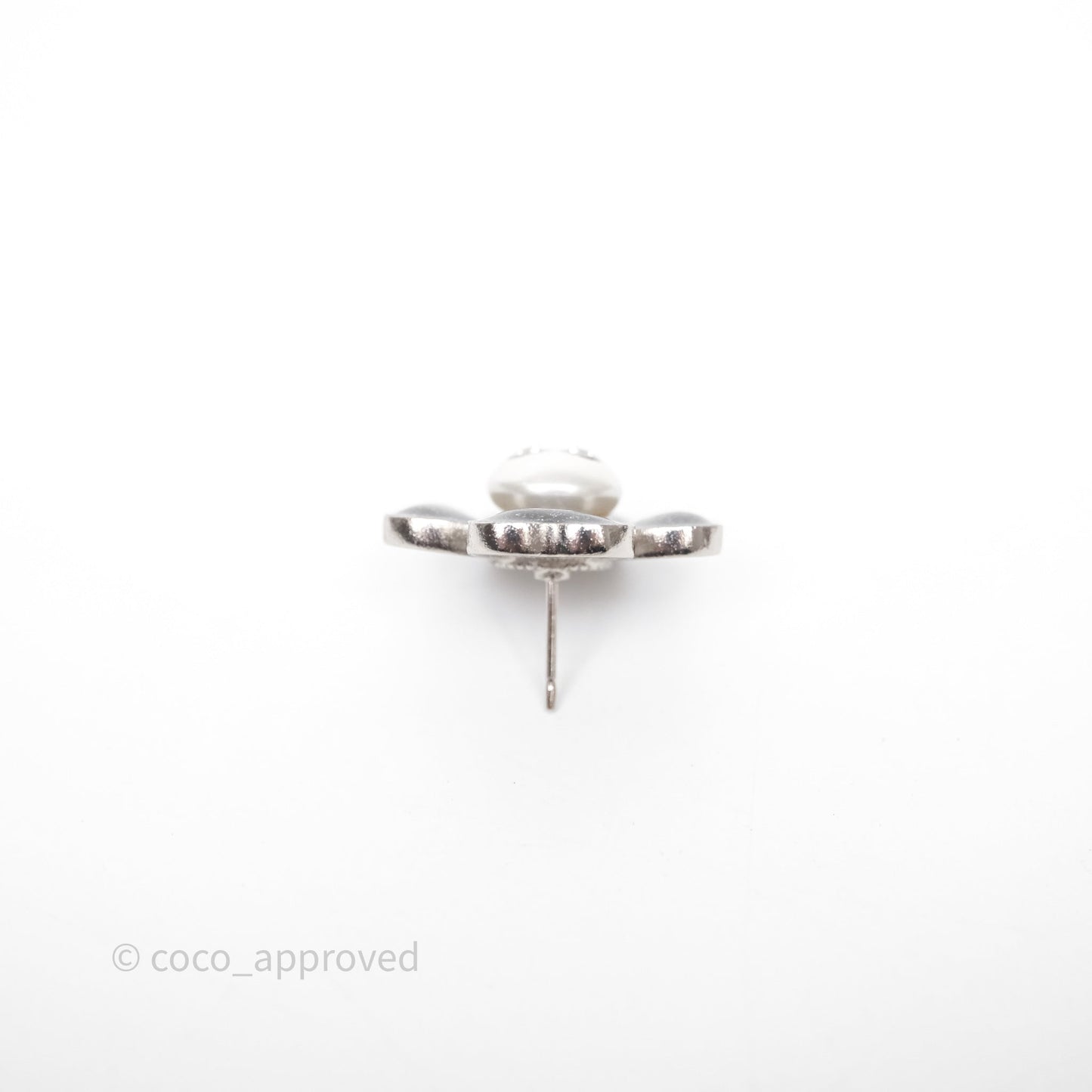 Chanel CC Pearl Black Flower Earrings Silver Tone 21B